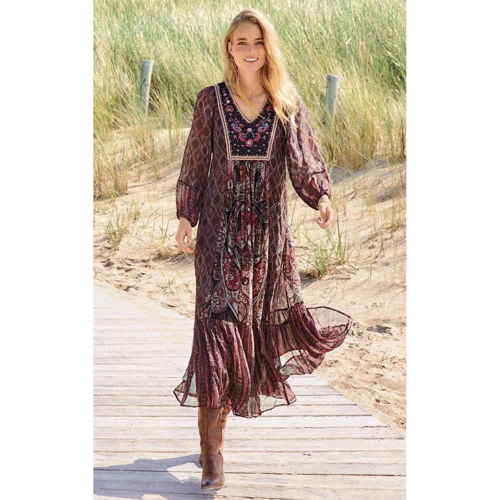 Soft Surroundings Mosaic Boho Beaded Maxi Dress Women's Size Medium Brown Fall